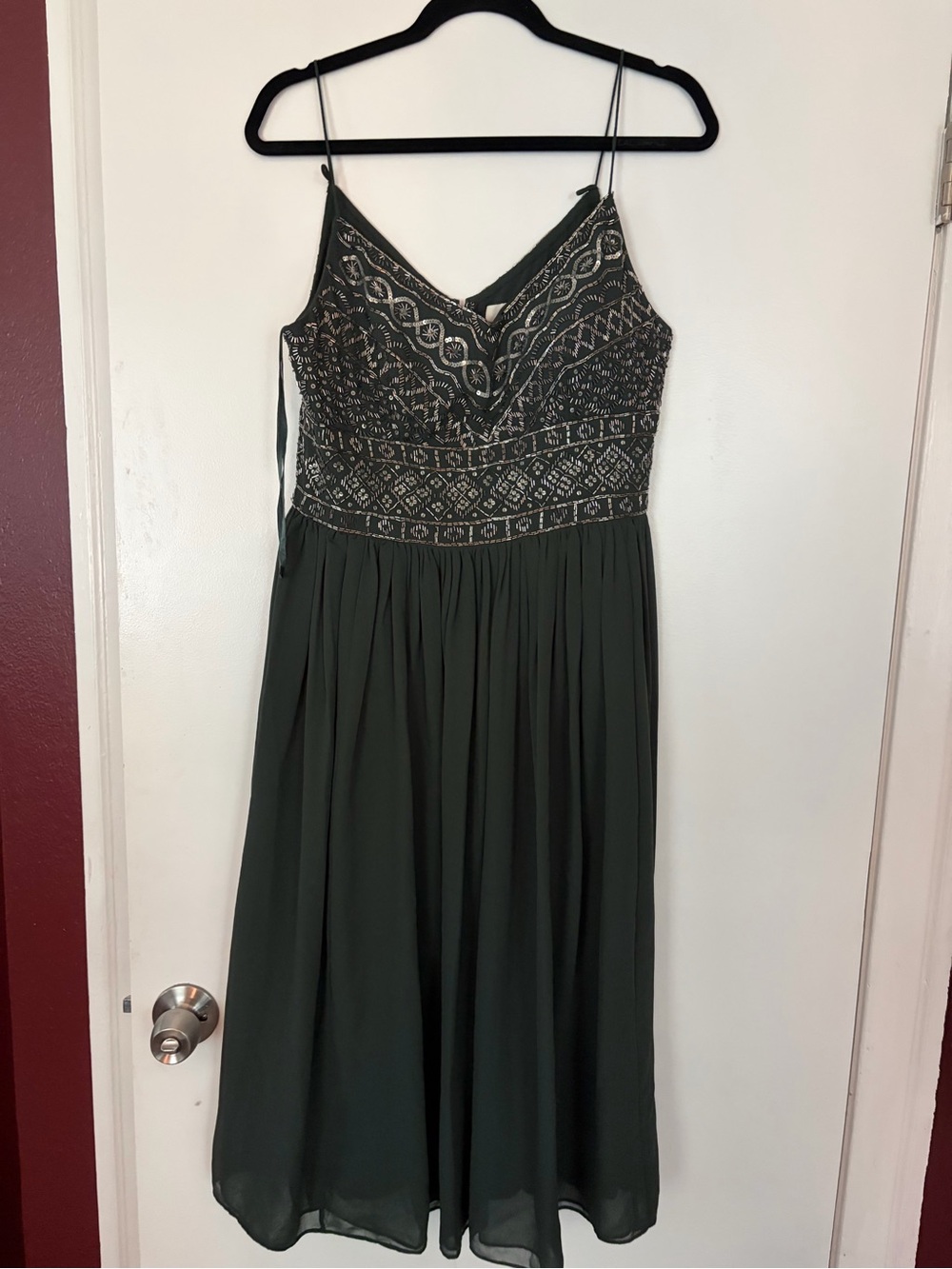 BHLDN Hunter Green Embroidered V-Neck Midi Dress
